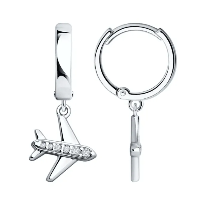 Серьги самолёт с фианитом из серебра